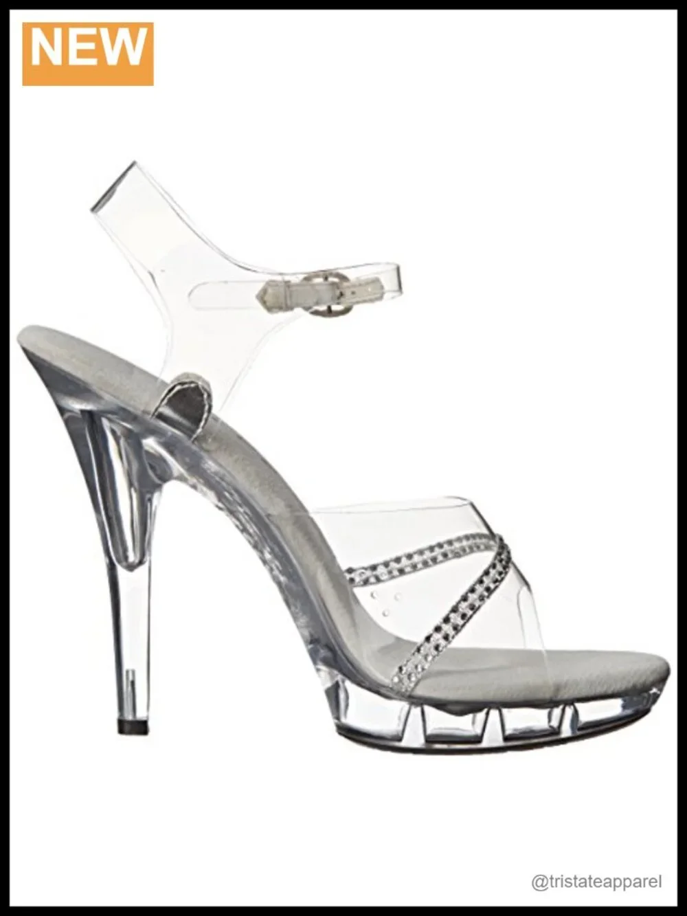 Women's Platform Sandal with Lucite Heel, Ankle Strap & Rhinestone Embellishment